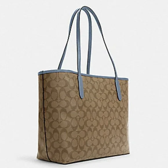 Coach 5696 City Tote In Signature Canvas In Khaki/Marble Blue - Picture 2 of 16